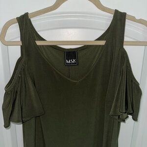 MSK olive green cold shoulder knee length dress, size medium.